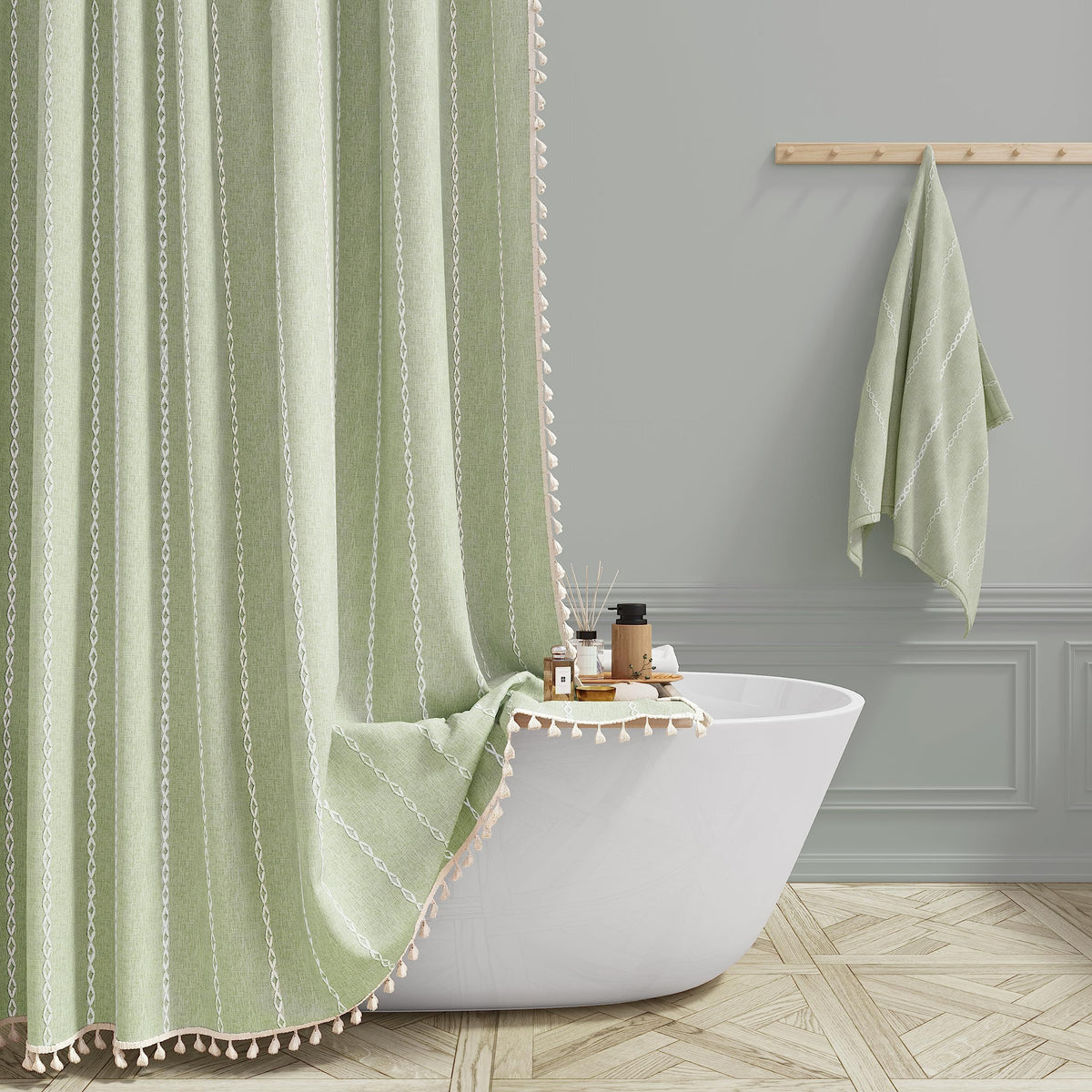 Green Shower Curtain for Vintage Rustic Bathroom Decor, Modern Farmhouse Cotton Linen Fabric Neutral Wrinkle Resistant