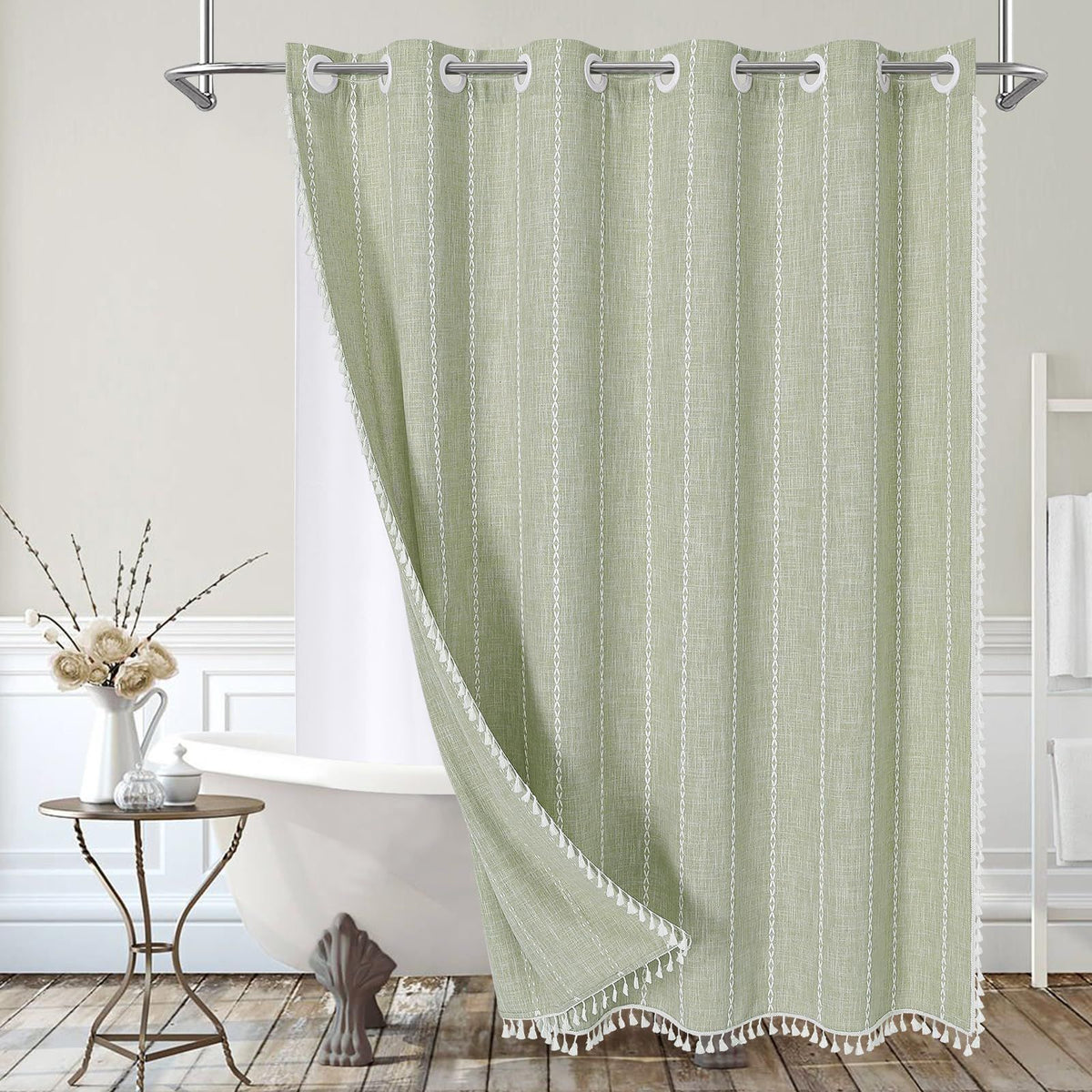 Green Shower Curtain for Vintage Rustic Bathroom Decor, Modern Farmhouse Cotton Linen Fabric Neutral Wrinkle Resistant