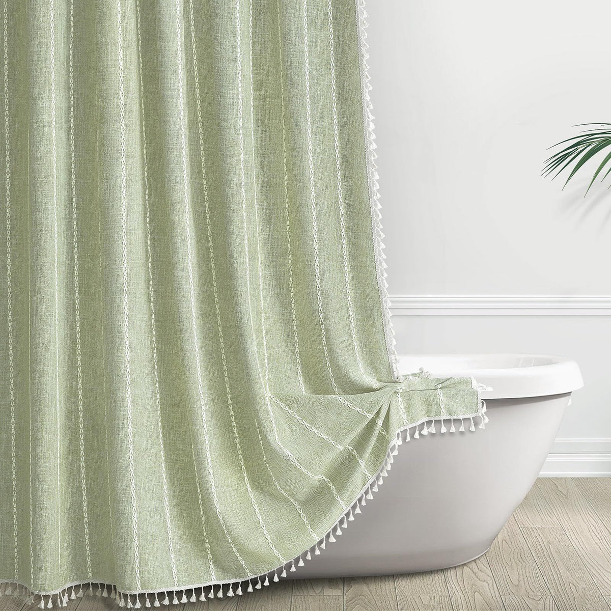 Green Shower Curtain for Vintage Rustic Bathroom Decor, Modern Farmhouse Cotton Linen Fabric Neutral Wrinkle Resistant