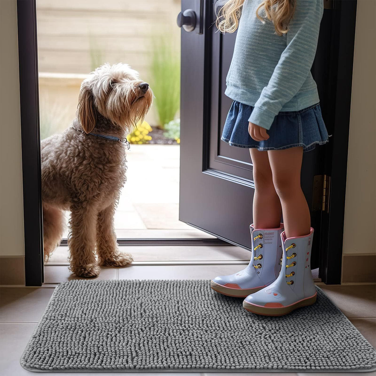 Dog Door Mat for Muddy Paws,Absorbs Moisture and Dirt,Non-Slip Washable Mat,Entry Indoor Door Mat for Inside Floor(40*60CM, Grey)
