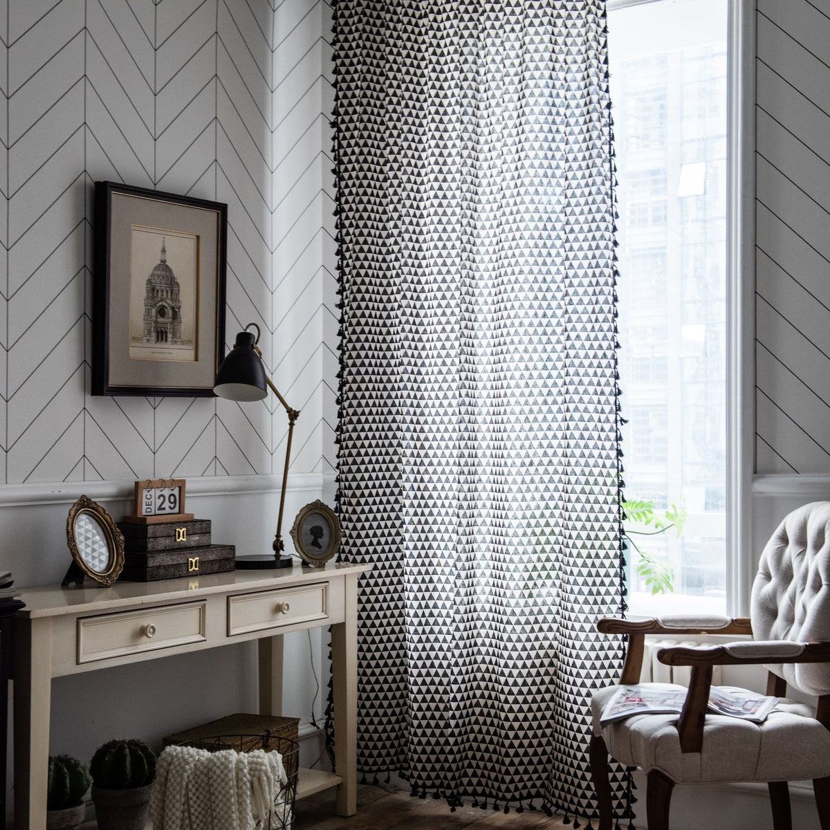 Geometric Print Cotton Linen Room Darkening Window Curtain with Tassels Country Style Triangle Pattern Curtain Panel for Bedroom