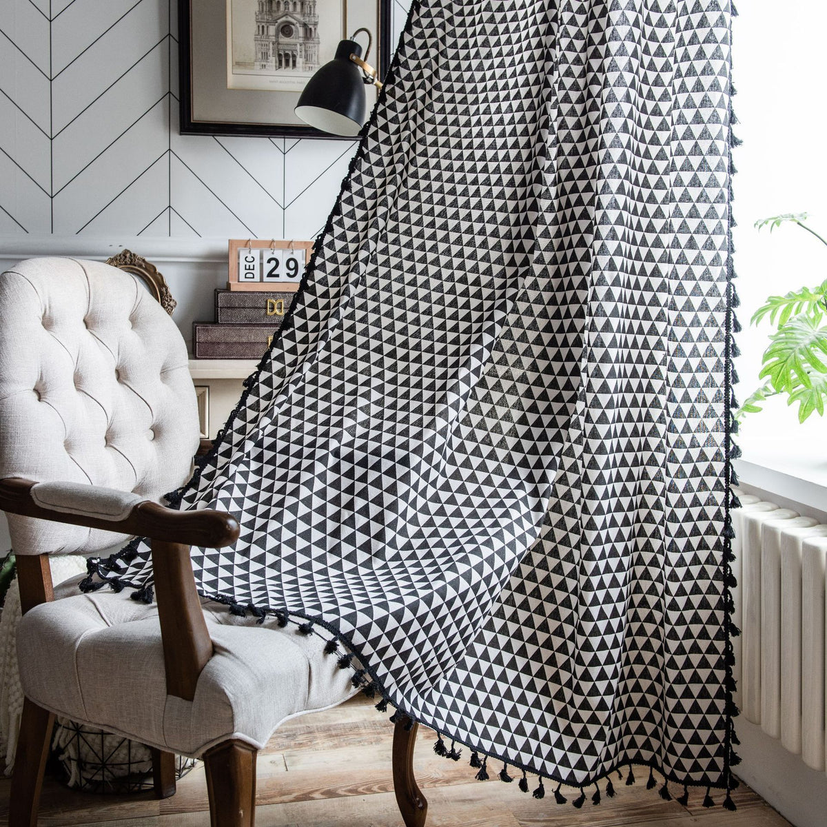 Geometric Print Cotton Linen Room Darkening Window Curtain with Tassels Country Style Triangle Pattern Curtain Panel for Bedroom