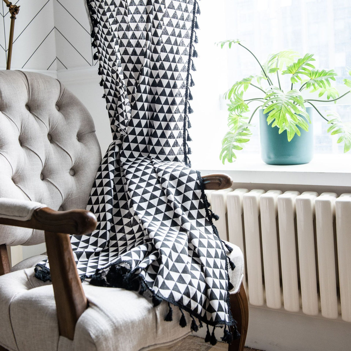Geometric Print Cotton Linen Room Darkening Window Curtain with Tassels Country Style Triangle Pattern Curtain Panel for Bedroom