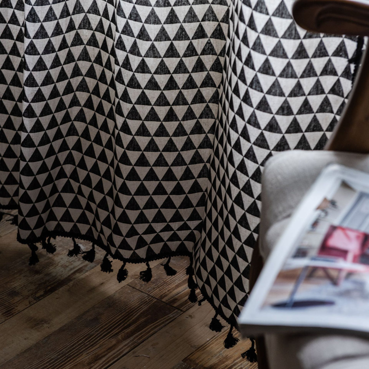 Geometric Print Cotton Linen Room Darkening Window Curtain with Tassels Country Style Triangle Pattern Curtain Panel for Bedroom