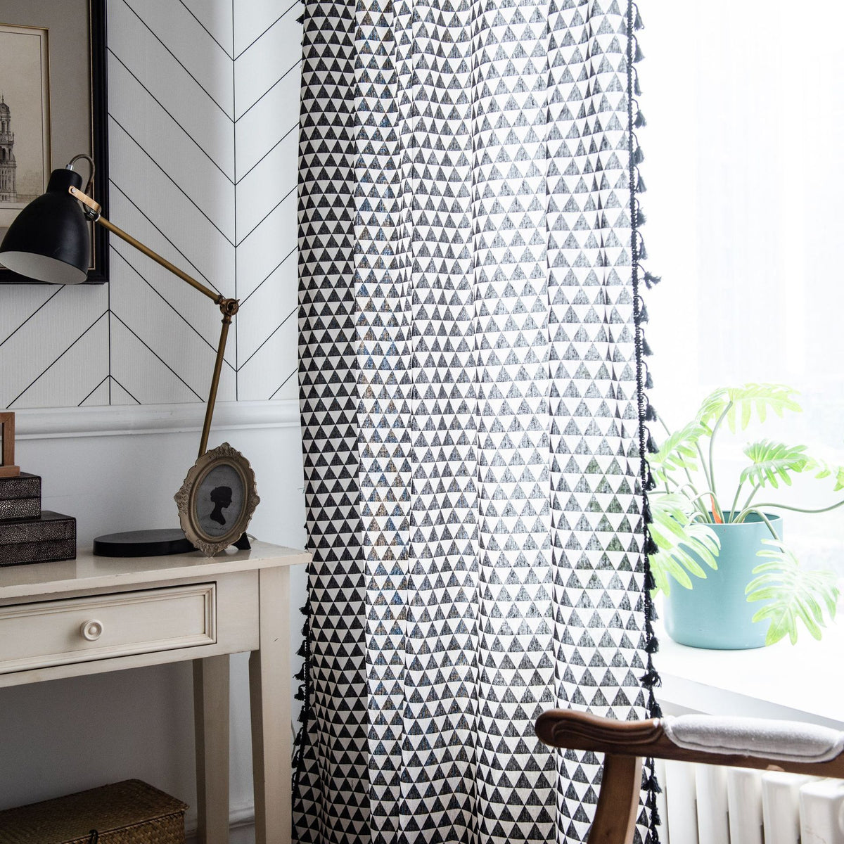 Geometric Print Cotton Linen Room Darkening Window Curtain with Tassels Country Style Triangle Pattern Curtain Panel for Bedroom