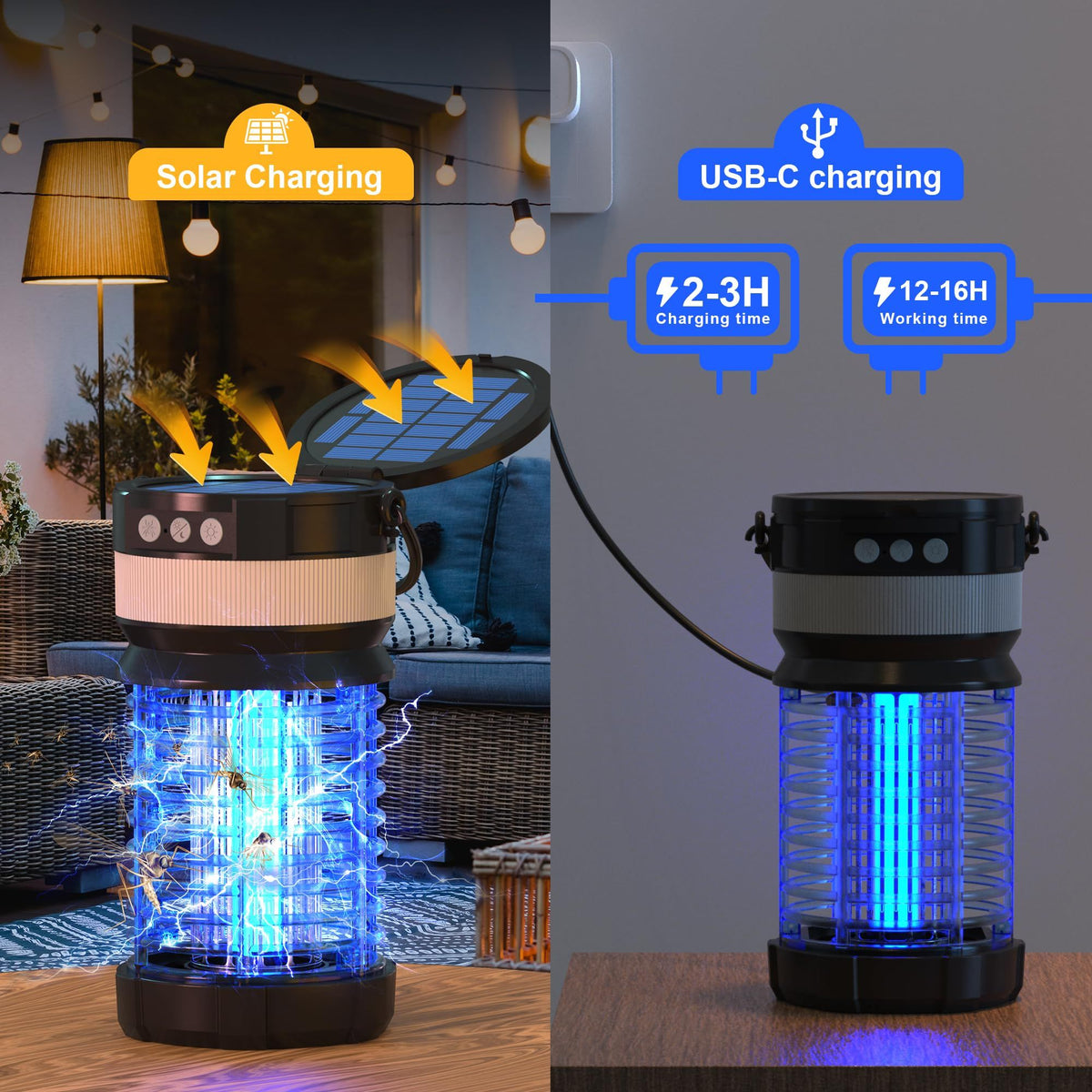 Zapper Waterproof Fly Trap,Portable Rechargeable Mosquito Killer with LED Light for Home,Kitchen,Backyard,Camping (Black-Blue)
