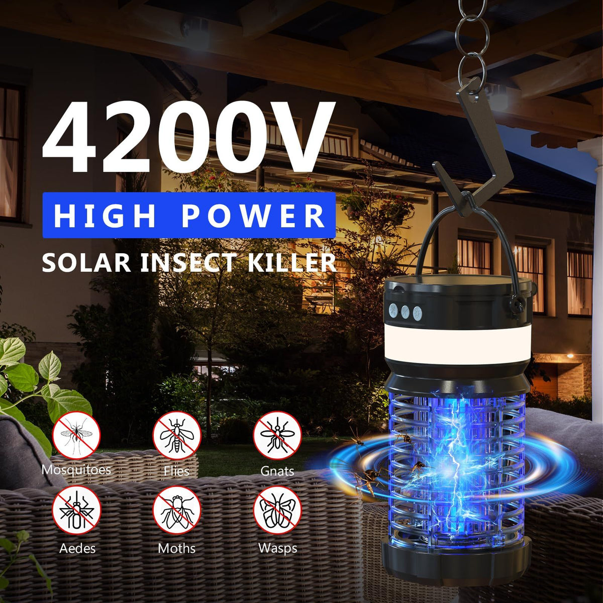 Zapper Waterproof Fly Trap,Portable Rechargeable Mosquito Killer with LED Light for Home,Kitchen,Backyard,Camping (Black-Blue)
