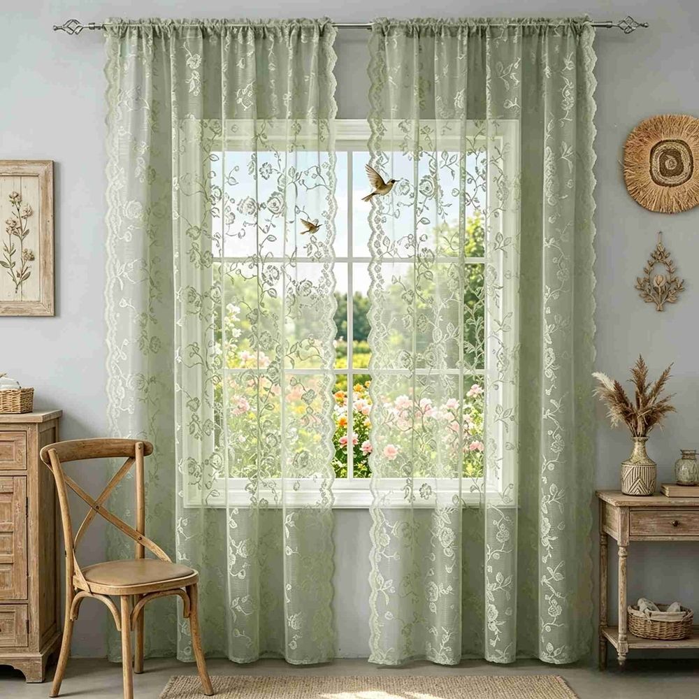 Scalloped Edge Lace Sheer Curtains 52W x 63L, Pink Rose Floral Embroidery Rod Pocket Curtain Panels, Light Filtering Semi Sheer Drapes for Bedroom, Living Room, Kitchen