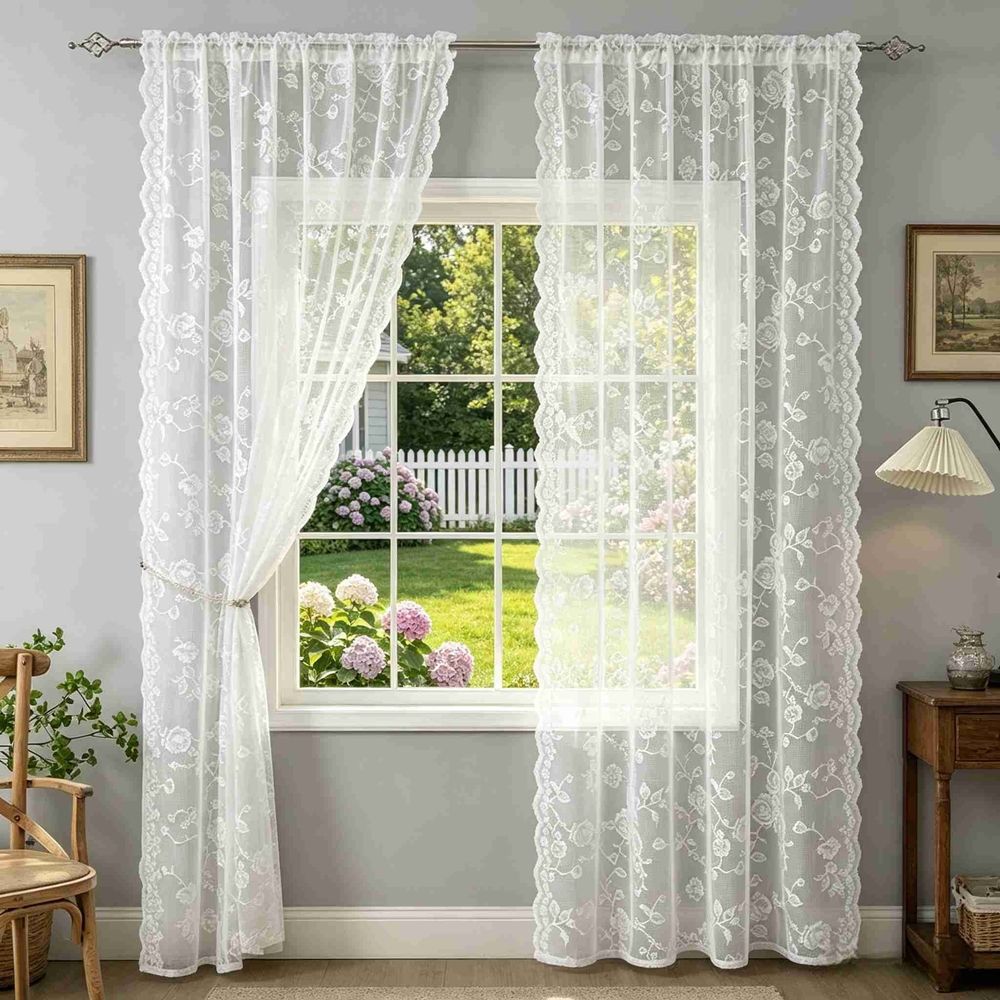 Scalloped Edge Lace Sheer Curtains 52W x 63L, Pink Rose Floral Embroidery Rod Pocket Curtain Panels, Light Filtering Semi Sheer Drapes for Bedroom, Living Room, Kitchen