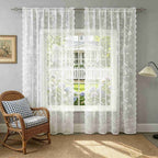 Scalloped Edge Lace Sheer Curtains 52W x 63L, Pink Rose Floral Embroidery Rod Pocket Curtain Panels, Light Filtering Semi Sheer Drapes for Bedroom, Living Room, Kitchen