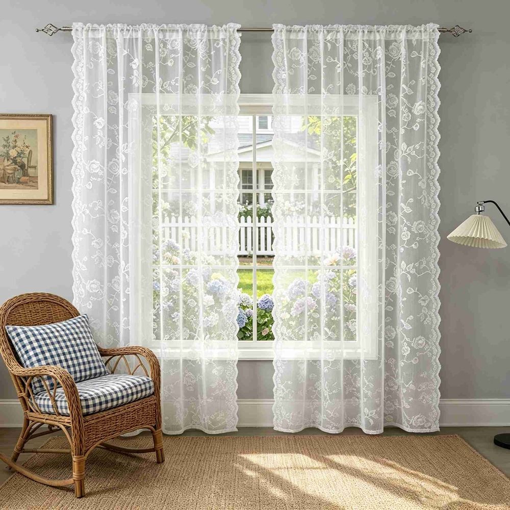 Scalloped Edge Lace Sheer Curtains 52W x 63L, Pink Rose Floral Embroidery Rod Pocket Curtain Panels, Light Filtering Semi Sheer Drapes for Bedroom, Living Room, Kitchen
