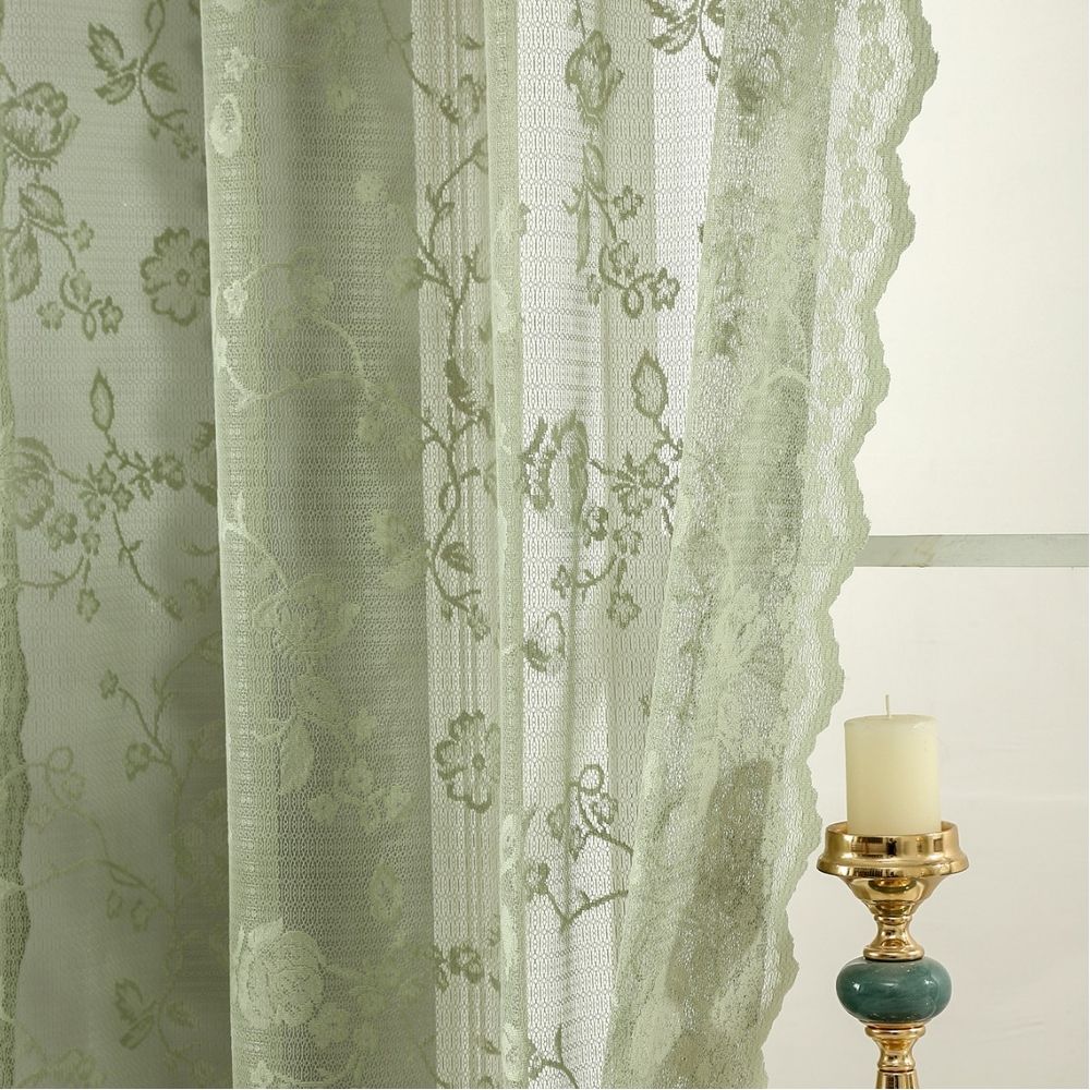 Scalloped Edge Lace Sheer Curtains 52W x 63L, Pink Rose Floral Embroidery Rod Pocket Curtain Panels, Light Filtering Semi Sheer Drapes for Bedroom, Living Room, Kitchen