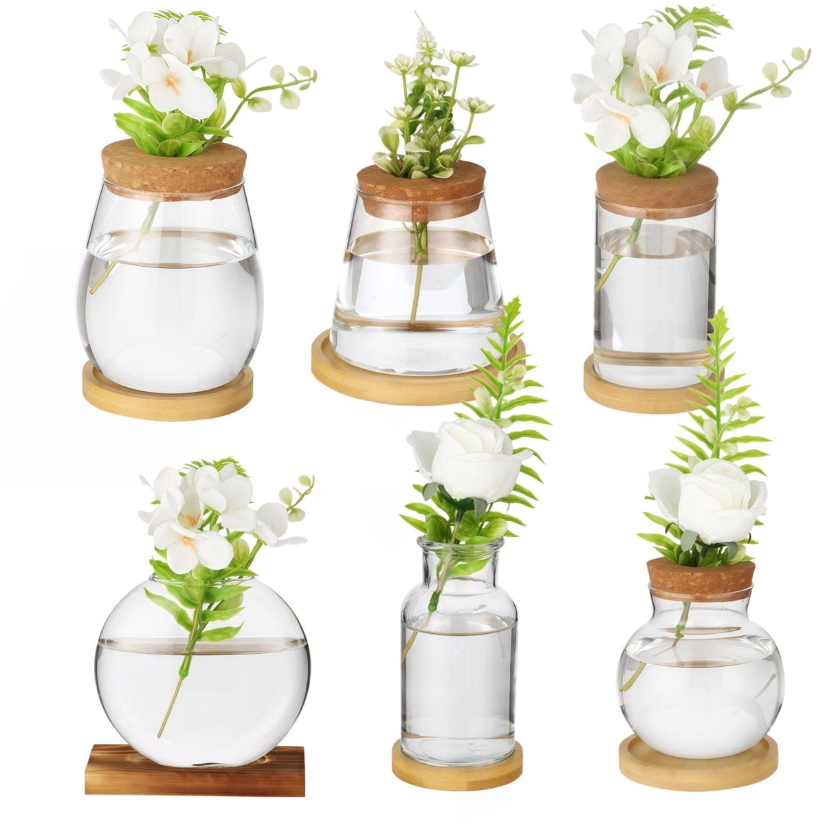 6PCS Plants Propagation Stations, Desktop Glass Propagation Vases with Wood Lid and Stand, Hydroponic Vase for Home, Office Decor, Glass Propagation Vases for Plant Growing
