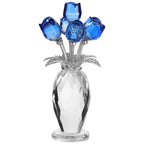 Crystal Blue Rose Flower Figurine with Faceted Vase, Decorative Crystal Rose Bouquet with Metal Stems and Leaves, Elegant Tabletop Ornament for Home Office Shelf Decor Present