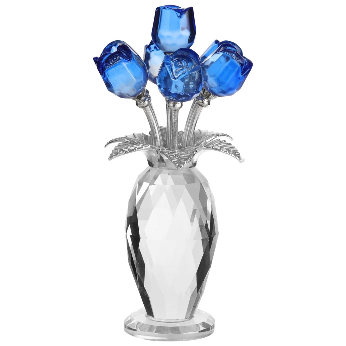 Crystal Blue Rose Flower Figurine with Faceted Vase, Decorative Crystal Rose Bouquet with Metal Stems and Leaves, Elegant Tabletop Ornament for Home Office Shelf Decor Present