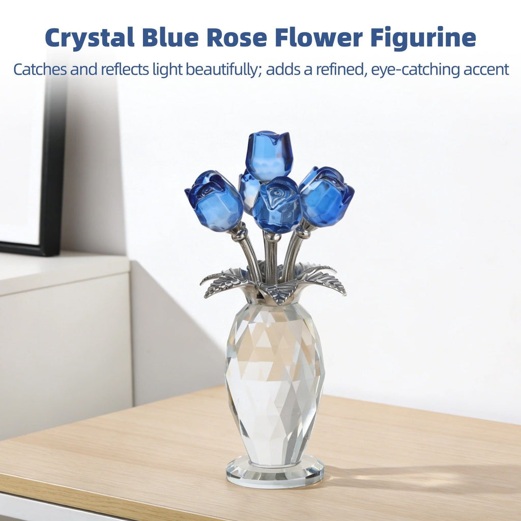 Crystal Blue Rose Flower Figurine with Faceted Vase, Decorative Crystal Rose Bouquet with Metal Stems and Leaves, Elegant Tabletop Ornament for Home Office Shelf Decor Present