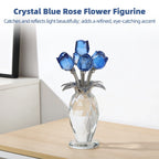 Crystal Blue Rose Flower Figurine with Faceted Vase, Decorative Crystal Rose Bouquet with Metal Stems and Leaves, Elegant Tabletop Ornament for Home Office Shelf Decor Present