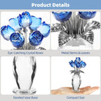 Crystal Blue Rose Flower Figurine with Faceted Vase, Decorative Crystal Rose Bouquet with Metal Stems and Leaves, Elegant Tabletop Ornament for Home Office Shelf Decor Present