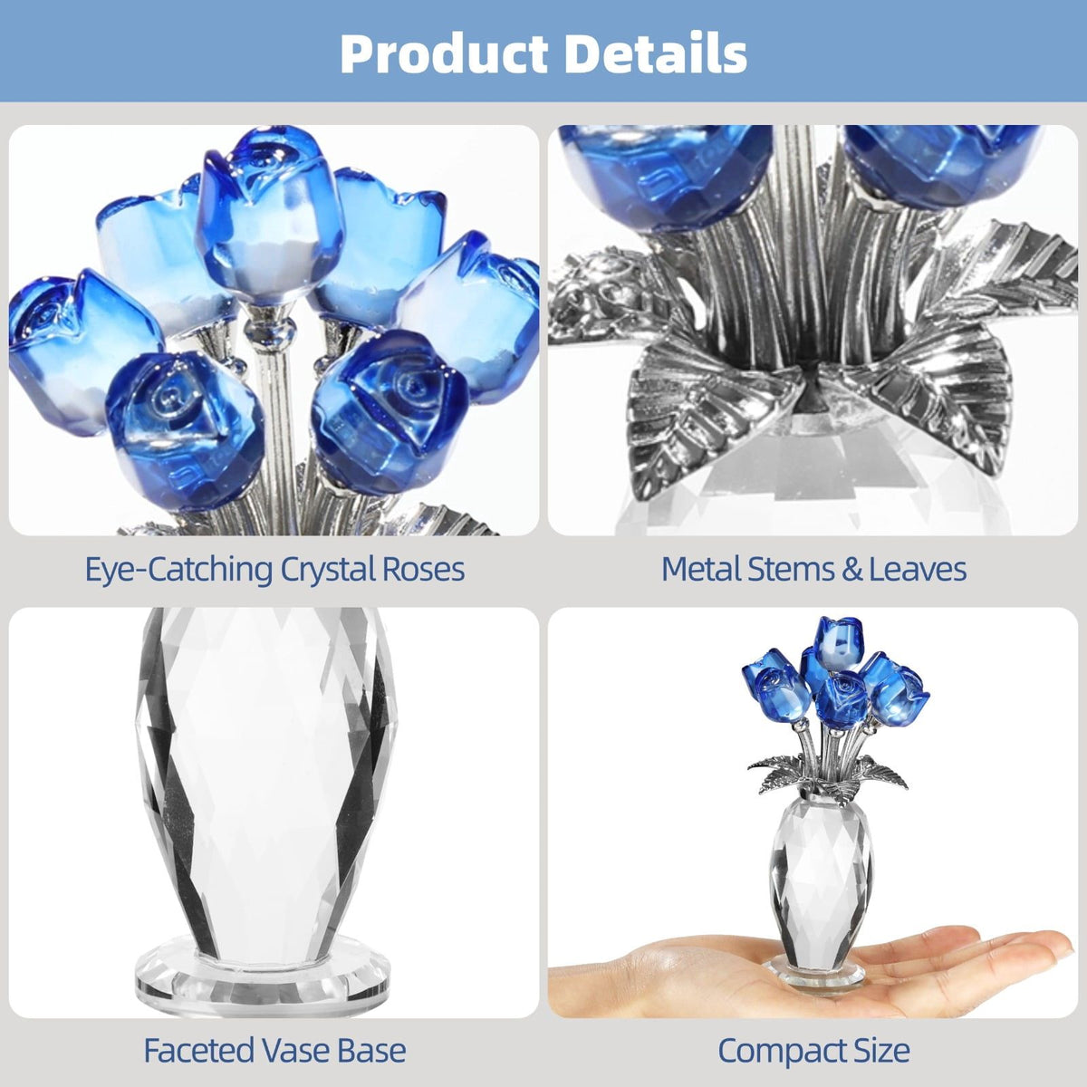 Crystal Blue Rose Flower Figurine with Faceted Vase, Decorative Crystal Rose Bouquet with Metal Stems and Leaves, Elegant Tabletop Ornament for Home Office Shelf Decor Present