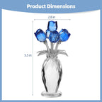 Crystal Blue Rose Flower Figurine with Faceted Vase, Decorative Crystal Rose Bouquet with Metal Stems and Leaves, Elegant Tabletop Ornament for Home Office Shelf Decor Present