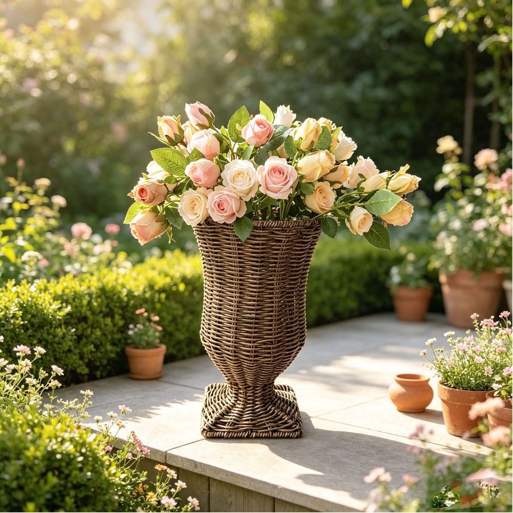 Goblet Planter, Woven Rattan Vase, Brown Synthetic Rattan Vessel for Dry or Faux Flowers