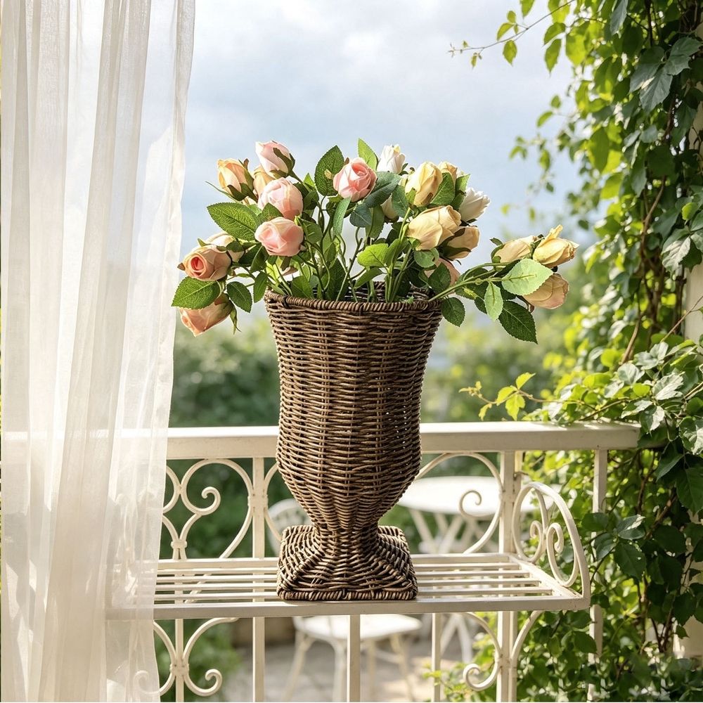 Goblet Planter, Woven Rattan Vase, Brown Synthetic Rattan Vessel for Dry or Faux Flowers