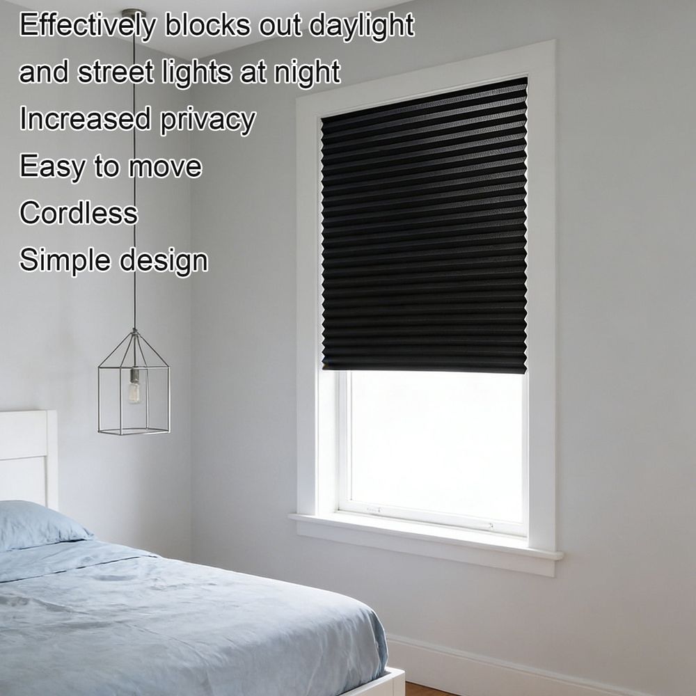 59.06×23.62in Blackout Curtains for Bedroom, No Drill Pleated Blinds, Self-Adhesive Tape No Wall Damage, Light Filtering & Privacy Protection, Black
