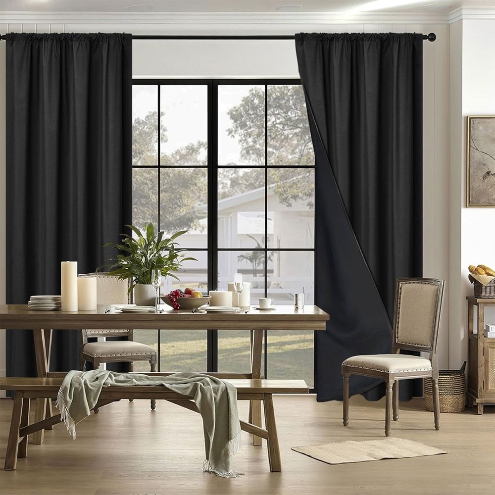 78.74x39.37in Blackout Curtains for Bedroom & Living Room, Thermal Insulated Full Light Blocking Drapes, Polyester Pongee Fabric with UV Protection, A|Black