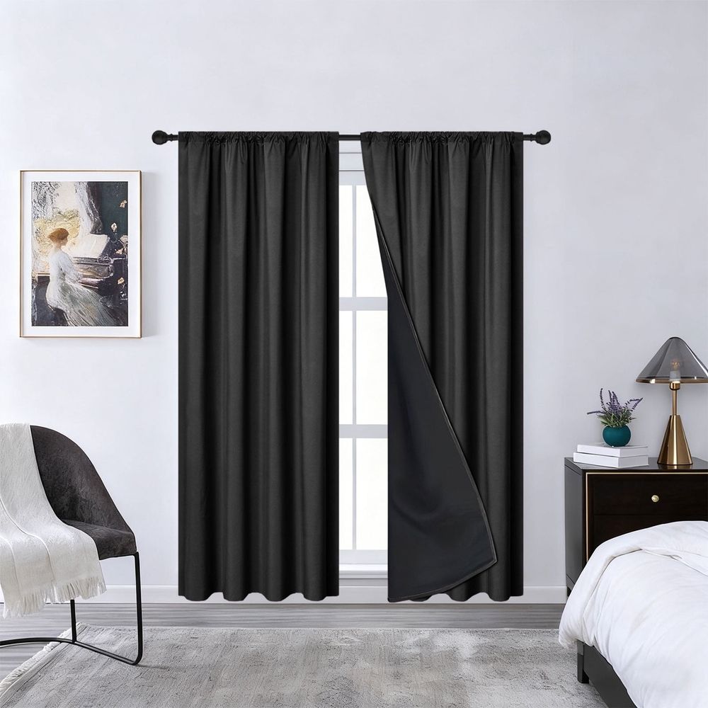 78.74x39.37in Blackout Curtains for Bedroom & Living Room, Thermal Insulated Full Light Blocking Drapes, Polyester Pongee Fabric with UV Protection, A|Black