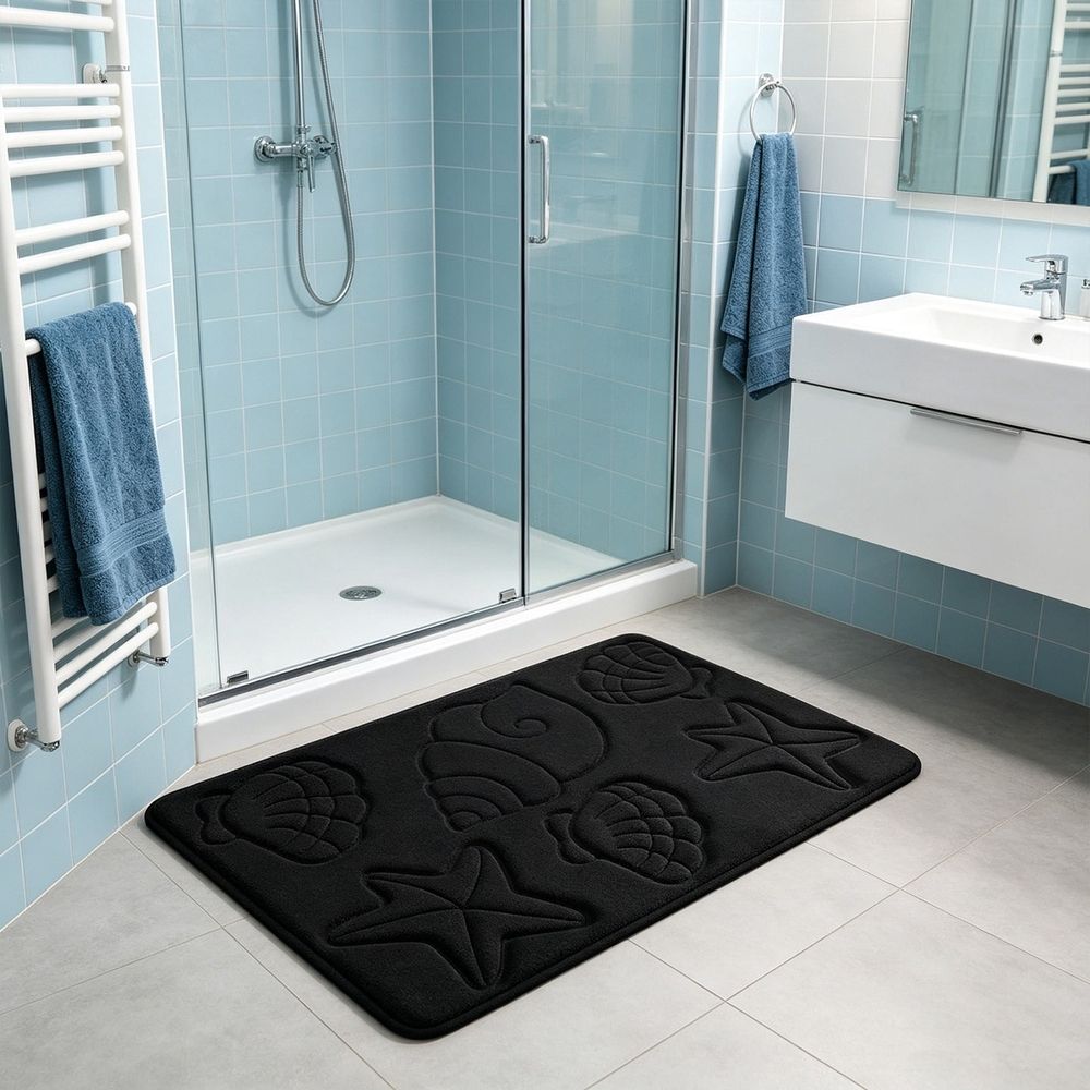 Embossed Seashell Bath Mat Soft Velvet Absorbent Bathroom Rug Non Slip Nautical Theme Water Absorbing Mat for Shower Sink