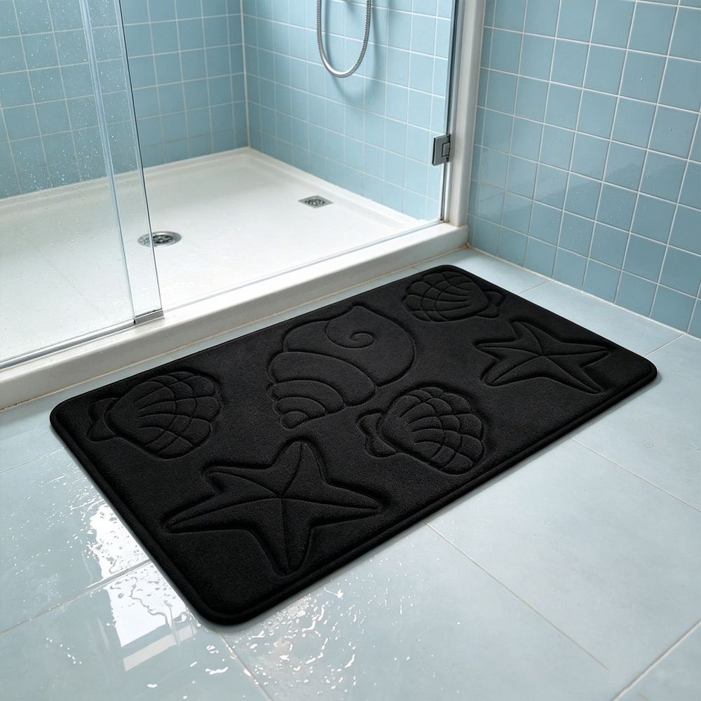 Embossed Seashell Bath Mat Soft Velvet Absorbent Bathroom Rug Non Slip Nautical Theme Water Absorbing Mat for Shower Sink