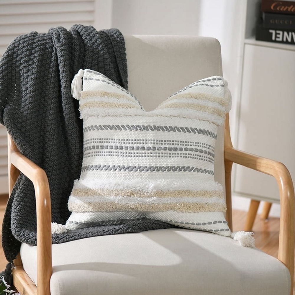 Boho Throw Pillow Covers 18x18,16x16,12x20Woven Tufted Farmhouse Pillows Cover with Tassels Textured Stripe Cushion Case Neutral Pillow Cases Decorative Pillowcase for Couch,Gray and White