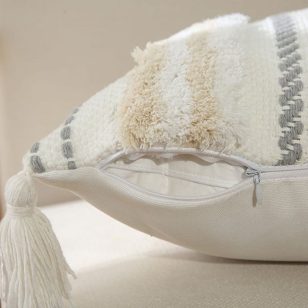 Boho Throw Pillow Covers 18x18,16x16,12x20Woven Tufted Farmhouse Pillows Cover with Tassels Textured Stripe Cushion Case Neutral Pillow Cases Decorative Pillowcase for Couch,Gray and White