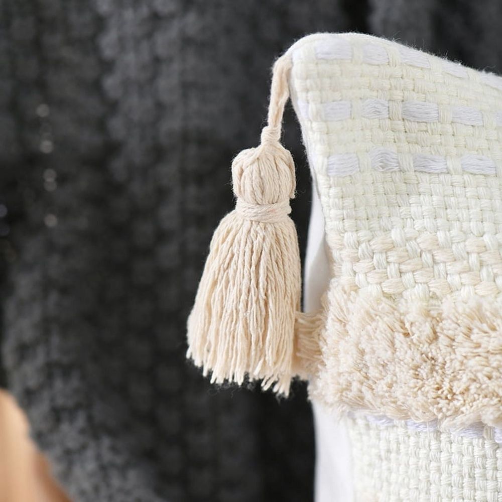 Boho Throw Pillow Covers 18x18,16x16,12x20Woven Tufted Farmhouse Pillows Cover with Tassels Textured Stripe Cushion Case Neutral Pillow Cases Decorative Pillowcase for Couch,Gray and White