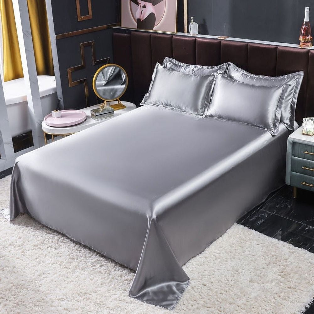 Queen Sheet Only, Soft Silky Smooth Satin Cooling Sheets, Easy-Fit Deep Pocket, Soft Microfiber Shrinkage Fade Resistant, Easy Care with 1 Flat Sheet, Queen Size (67" x 90.5"), Silver