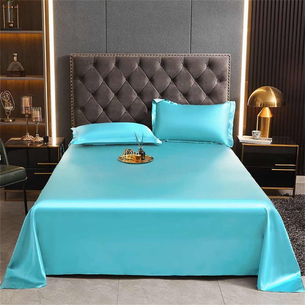 Queen Sheet Only, Soft Silky Smooth Satin Cooling Sheets, Easy-Fit Deep Pocket, Soft Microfiber Shrinkage Fade Resistant, Easy Care with 1 Flat Sheet, Queen Size (67" x 90.5"), Aqua