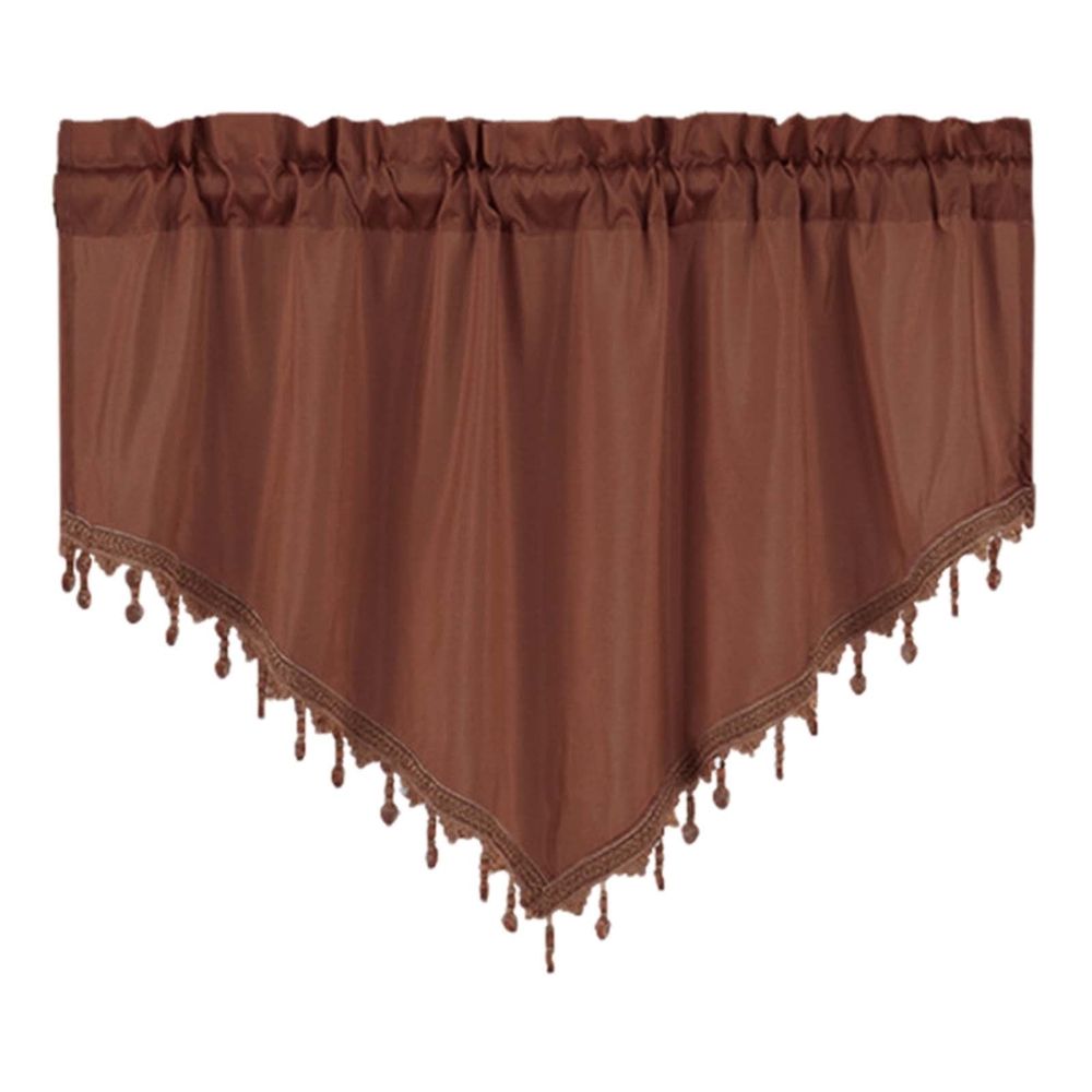 Beaded Sheer Triangle Valance Curtains, Rod Pocket Farmhouse Window Valance, Bead Trim Tassel Voile Curtain Valance, Ideal for Living Room Bedroom Bathroom Cafe Decor, 51x24 Inches, Coffee