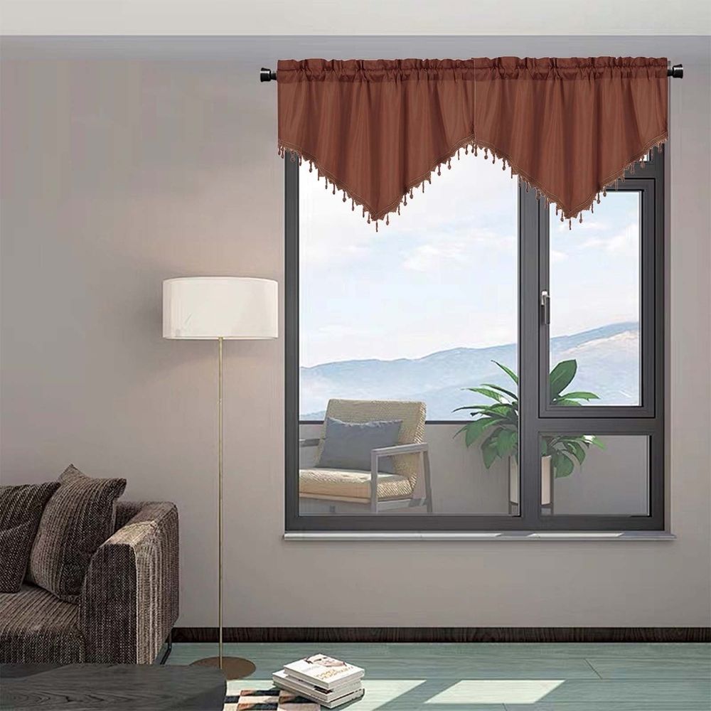Beaded Sheer Triangle Valance Curtains, Rod Pocket Farmhouse Window Valance, Bead Trim Tassel Voile Curtain Valance, Ideal for Living Room Bedroom Bathroom Cafe Decor, 51x24 Inches, Coffee