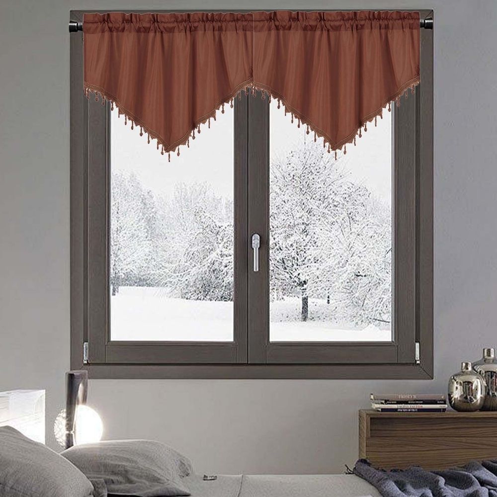 Beaded Sheer Triangle Valance Curtains, Rod Pocket Farmhouse Window Valance, Bead Trim Tassel Voile Curtain Valance, Ideal for Living Room Bedroom Bathroom Cafe Decor, 51x24 Inches, Coffee