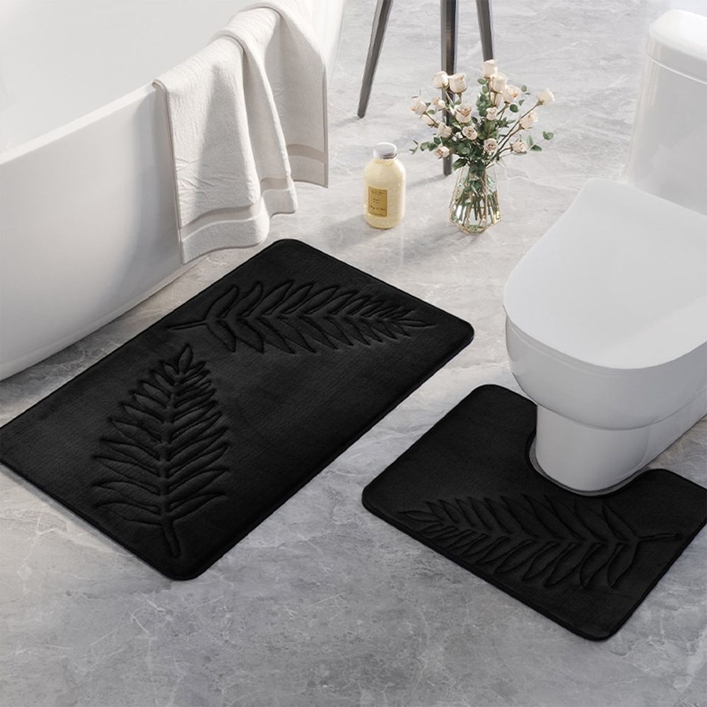 2 Pcs Bathroom Rugs, Leaves Bath Mat Toilet Mats, Soft Comfortable Non-Slip Bathroom Rug Set, Bath Mats for Bathroom, Machine Washable Bath Mat Bathroom Rug Sets, 20x31.5in, Dark Gray