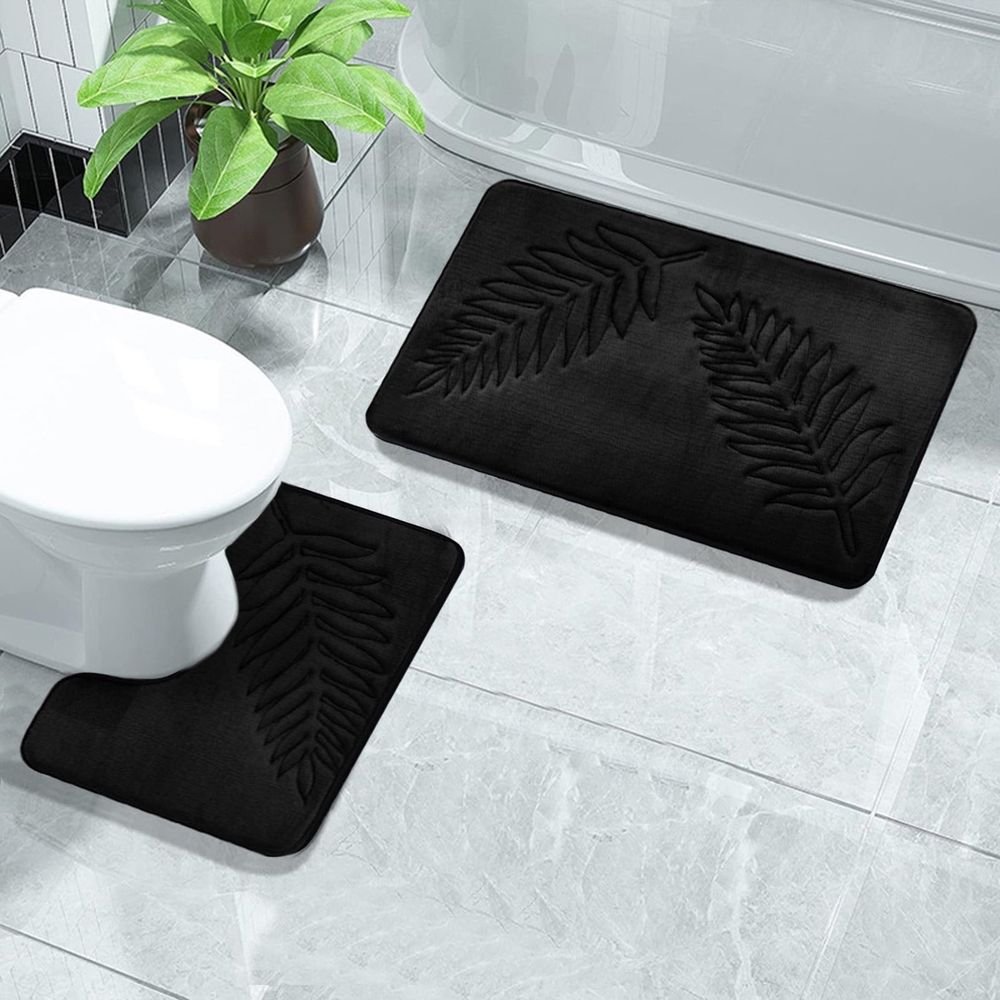 2 Pcs Bathroom Rugs, Leaves Bath Mat Toilet Mats, Soft Comfortable Non-Slip Bathroom Rug Set, Bath Mats for Bathroom, Machine Washable Bath Mat Bathroom Rug Sets, 20x31.5in, Dark Gray