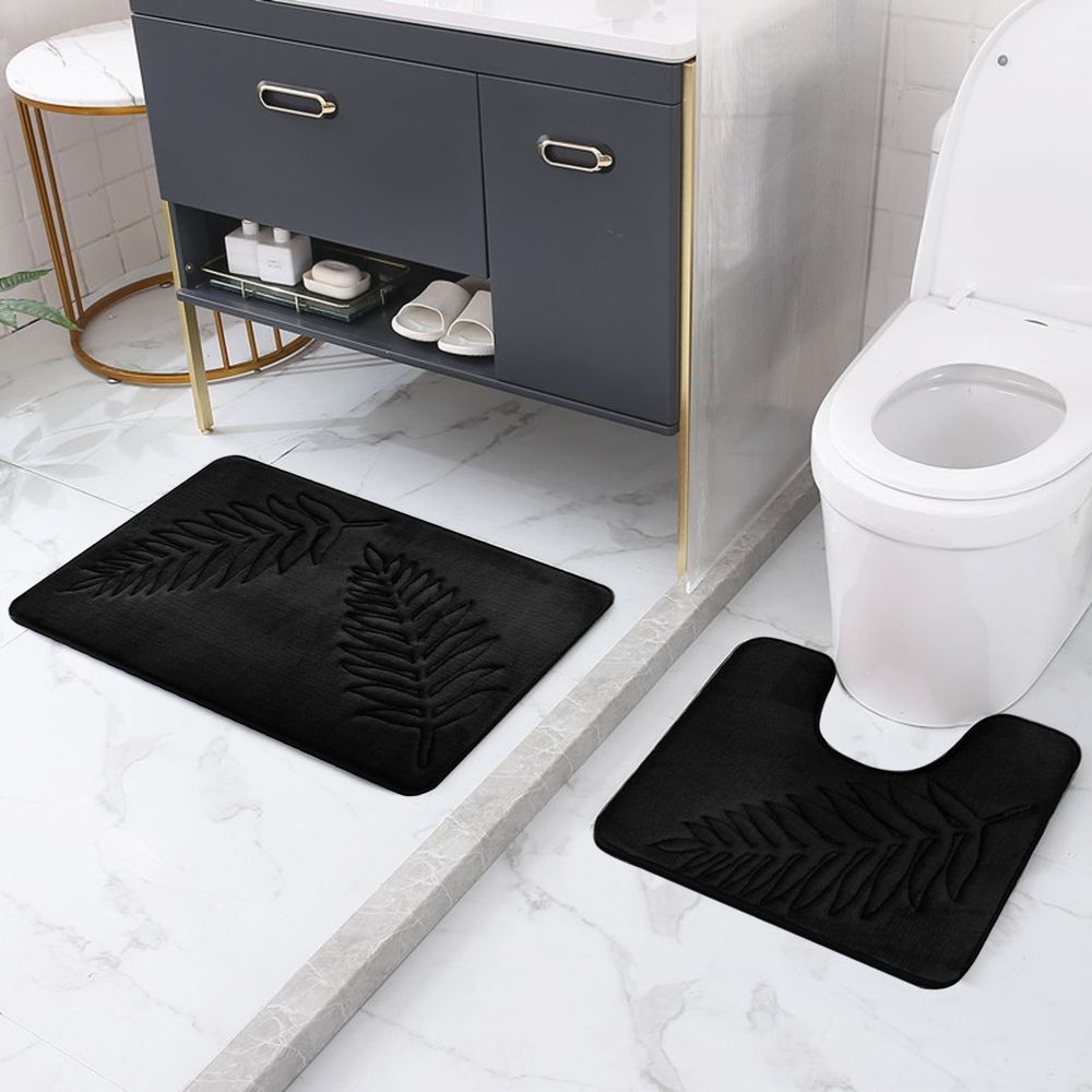 2 Pcs Bathroom Rugs, Leaves Bath Mat Toilet Mats, Soft Comfortable Non-Slip Bathroom Rug Set, Bath Mats for Bathroom, Machine Washable Bath Mat Bathroom Rug Sets, 20x31.5in, Dark Gray