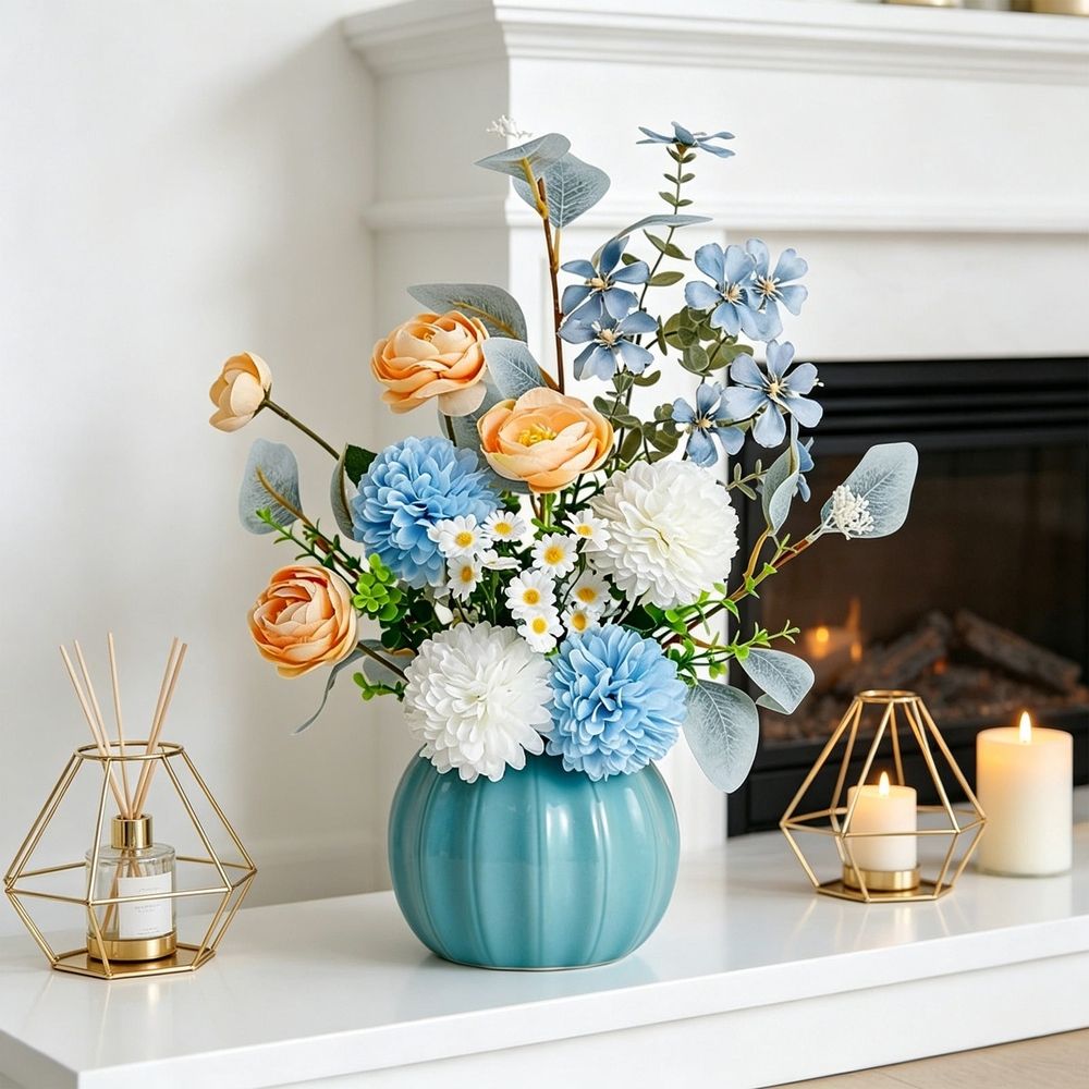 Artificial Flower Arrangement, Silk Floral Bouquet In Ceramic Vase, Realistic Handcrafted Petals Ready To Display, Low Maintenance Potted Plant Decor For Living Room Dining Room