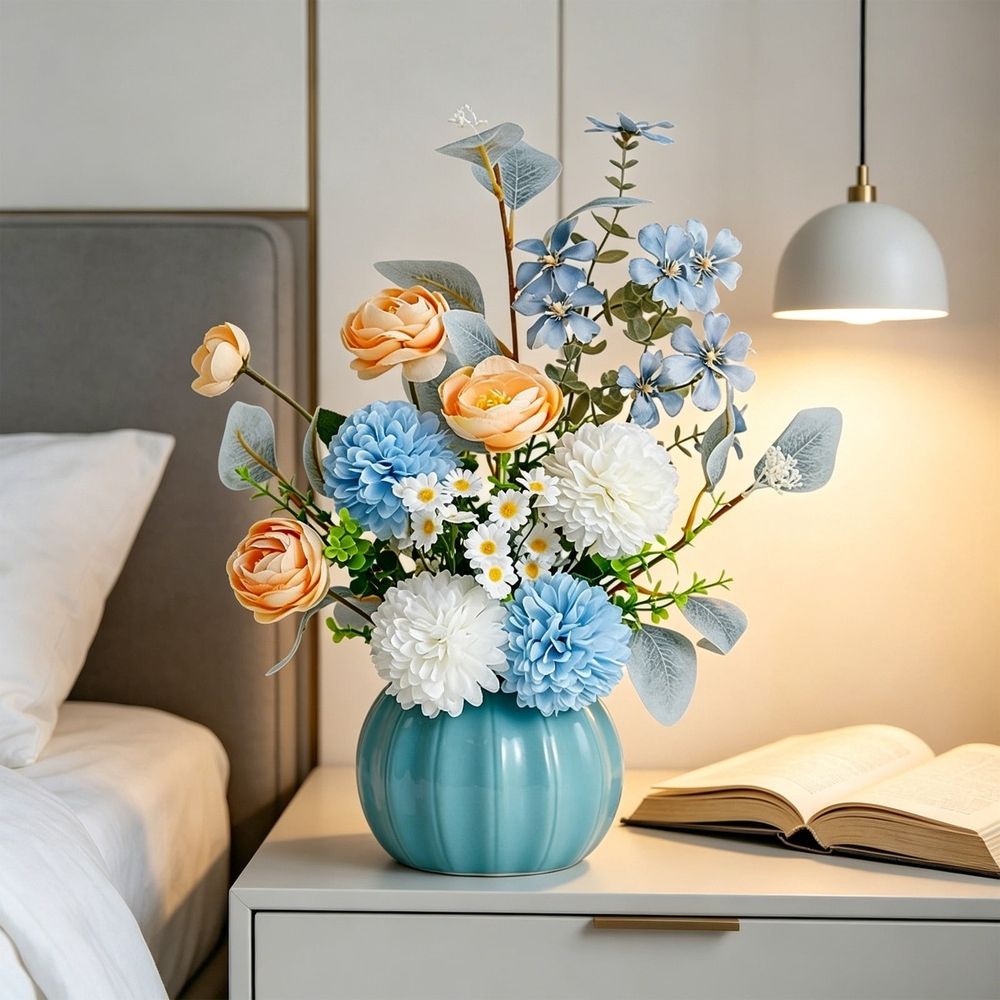 Artificial Flower Arrangement, Silk Floral Bouquet In Ceramic Vase, Realistic Handcrafted Petals Ready To Display, Low Maintenance Potted Plant Decor For Living Room Dining Room