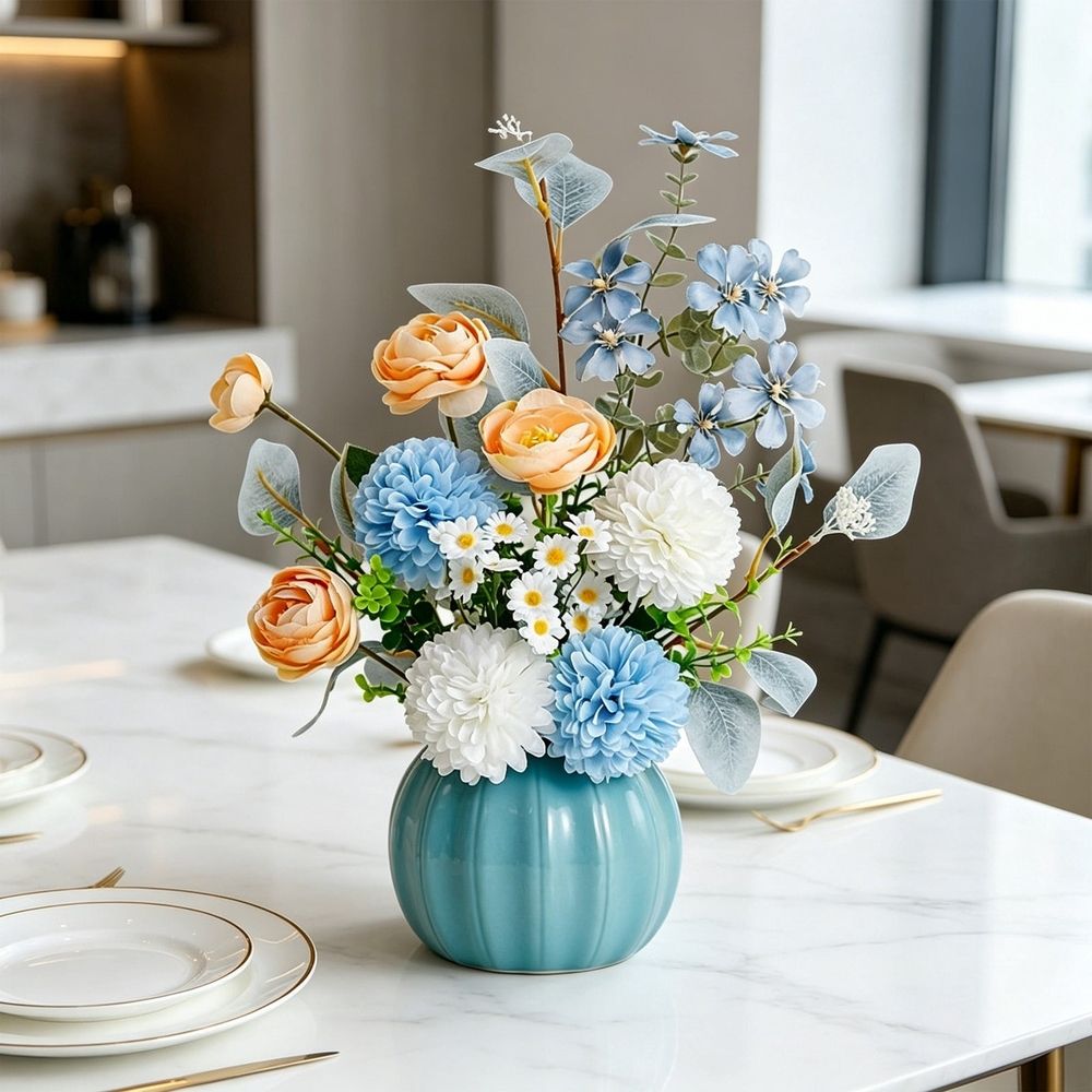 Artificial Flower Arrangement, Silk Floral Bouquet In Ceramic Vase, Realistic Handcrafted Petals Ready To Display, Low Maintenance Potted Plant Decor For Living Room Dining Room