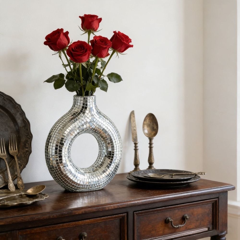 Mirror Donut Vase Modern Glam Decorative Vase for Home Office Party Centerpiece Reflective Tile Mosaic Round Disc Shaped