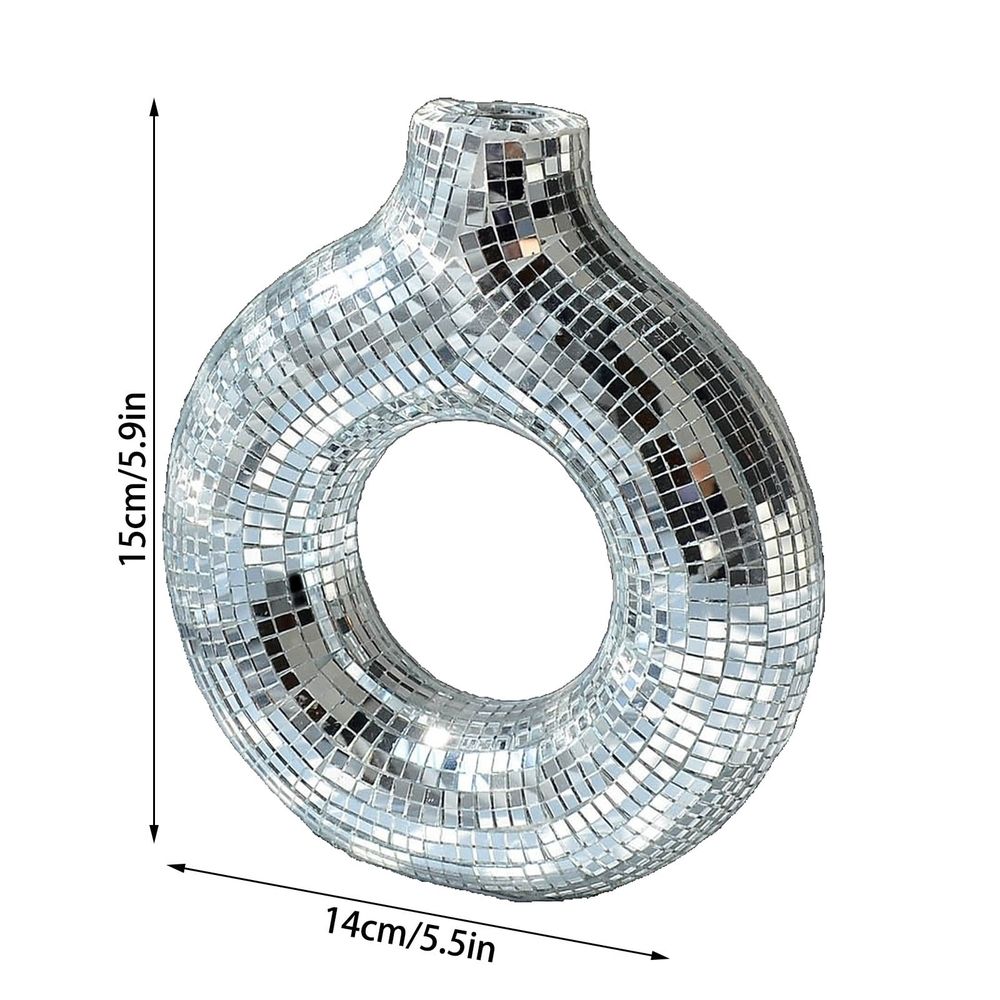 Mirror Donut Vase Modern Glam Decorative Vase for Home Office Party Centerpiece Reflective Tile Mosaic Round Disc Shaped