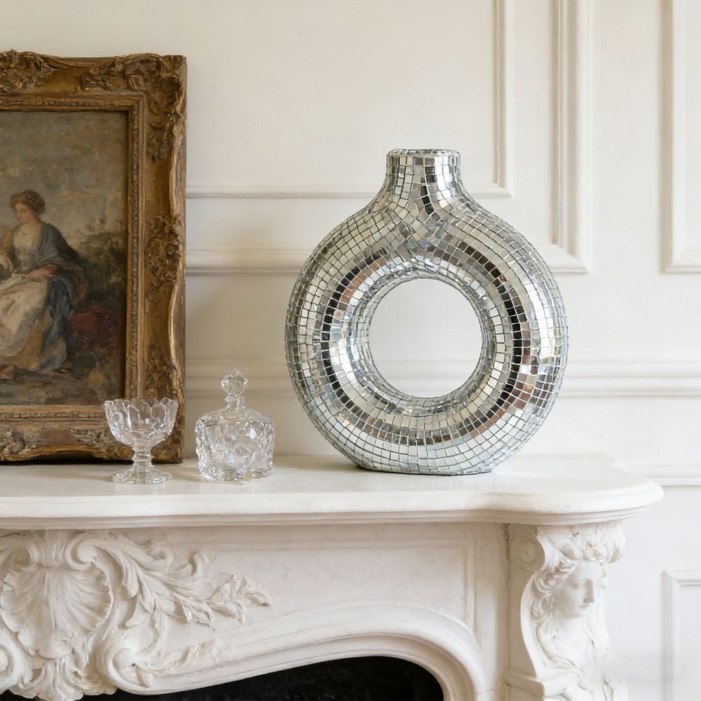 Mirror Donut Vase Modern Glam Decorative Vase for Home Office Party Centerpiece Reflective Tile Mosaic Round Disc Shaped