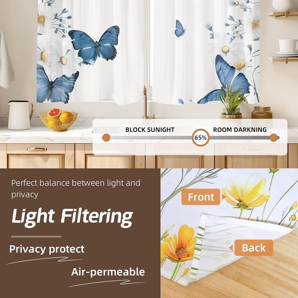 Kitchen Curtains (2 Pcs) Over Sink for Bathroom Window Cafe Basement Farmhouse Short Mini Curtain Flower Bee Summer Daisy Elegant Country Rustic Modern Cute - 27.5×36