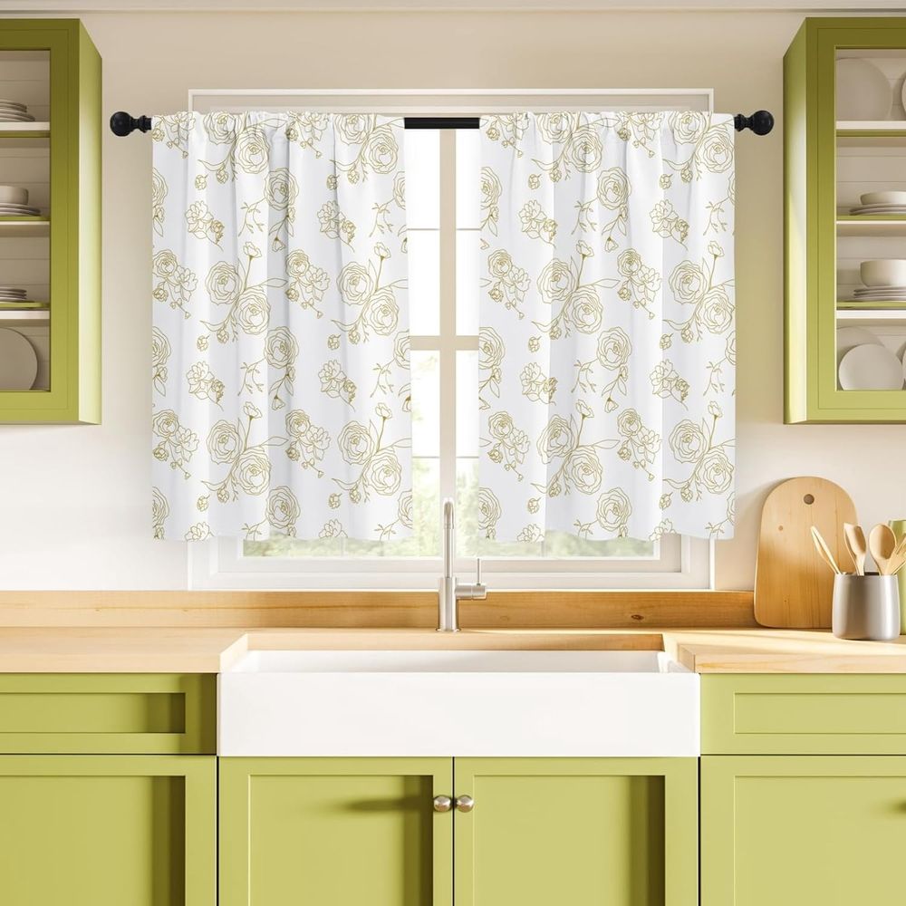 Kitchen Curtains (2 Pcs) Over Sink for Bathroom Window Cafe Basement Farmhouse Short Mini Curtain Flower Bee Summer Daisy Elegant Country Rustic Modern Cute - 27.5×36